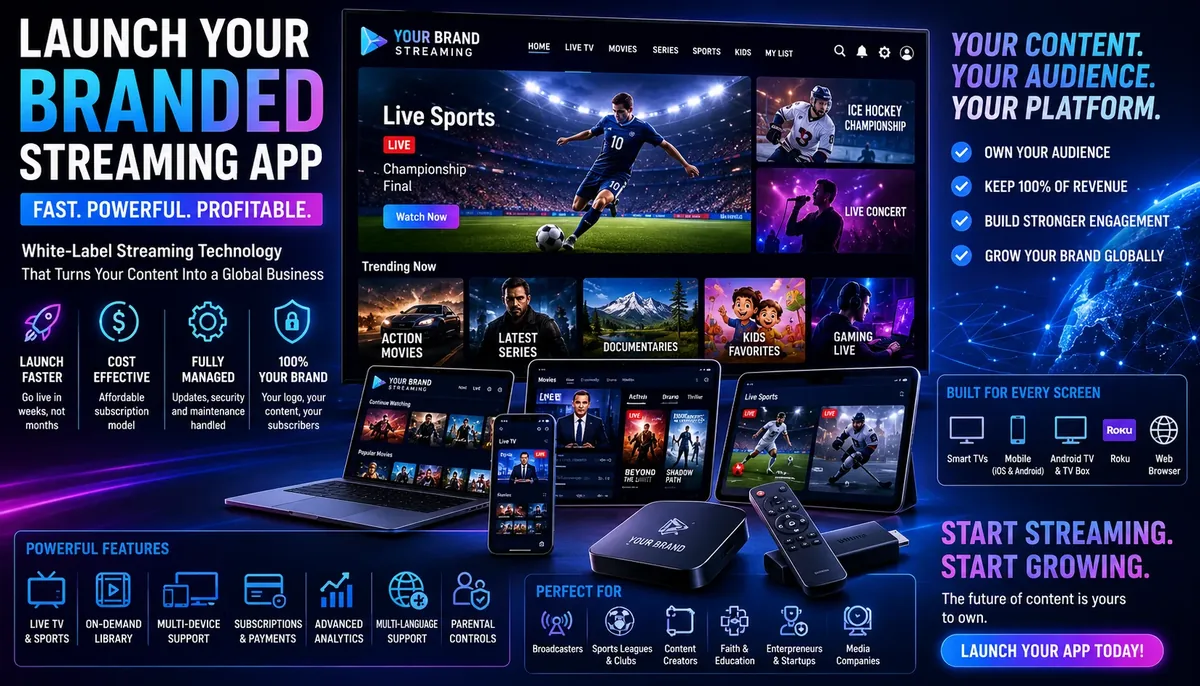 Branded streaming application shown across multiple devices