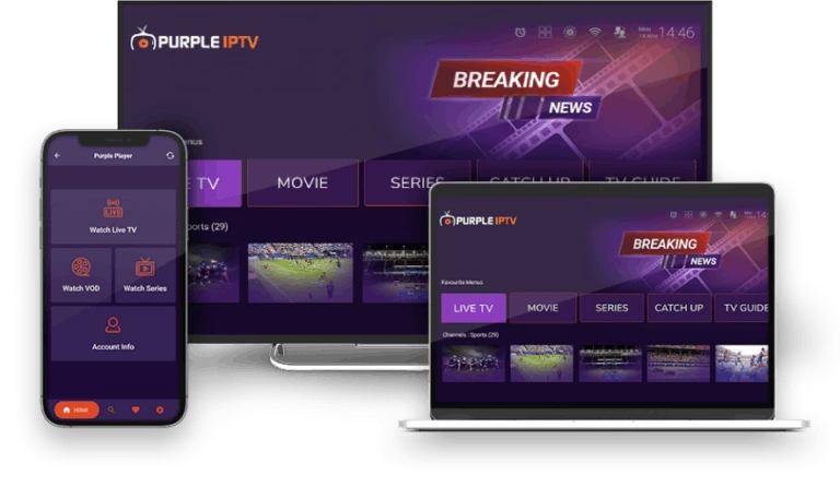 Purple Smart App branded streaming player shown across phone, tablet and television