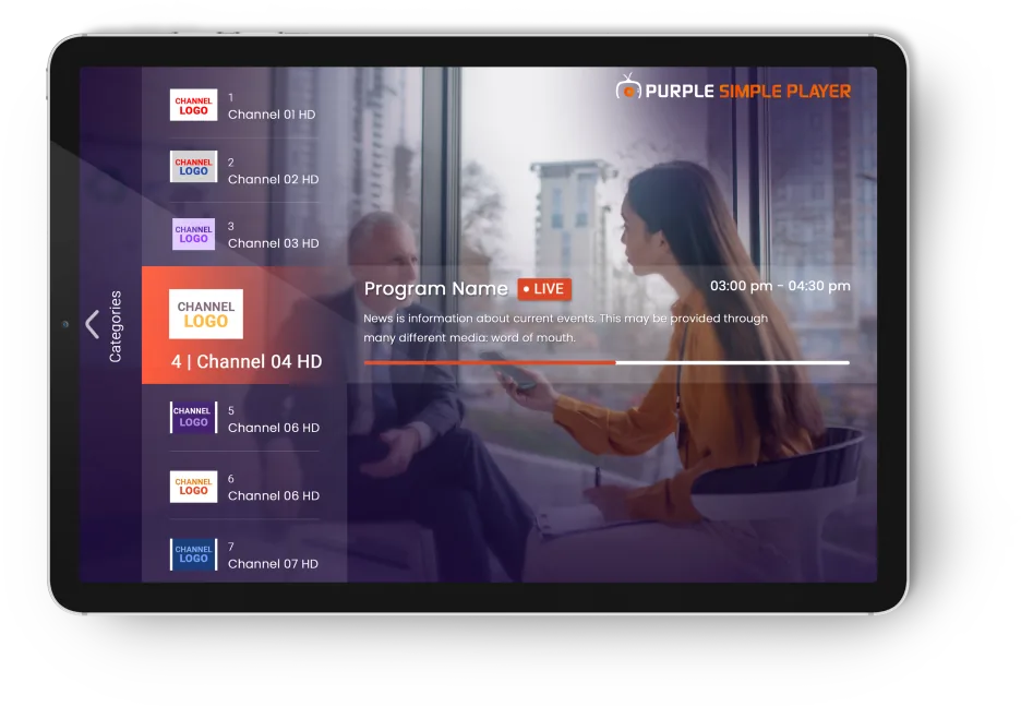 Purple Smart App white-label player running on a tablet